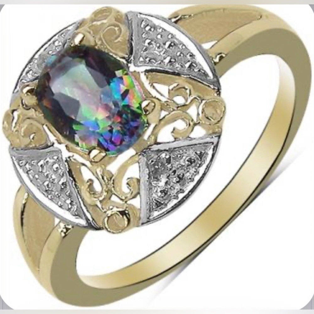 Ring - 14K Yellow Gold Over Solid Sterling Silver Diamonds 1.0 CTW Mystic Topaz